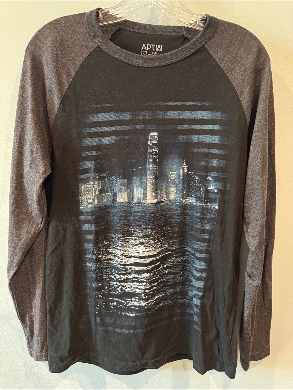 APT. 9 Heather gray raglan tee striking photographic cityscape of Hong Kong